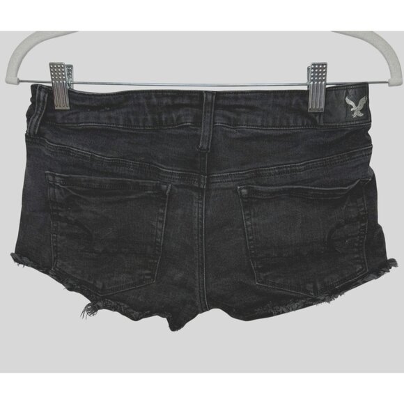 American Eagle Super Low Shortie Black Denim Raw Hem Jean Shorts Size 6 - Picture 2 of 9